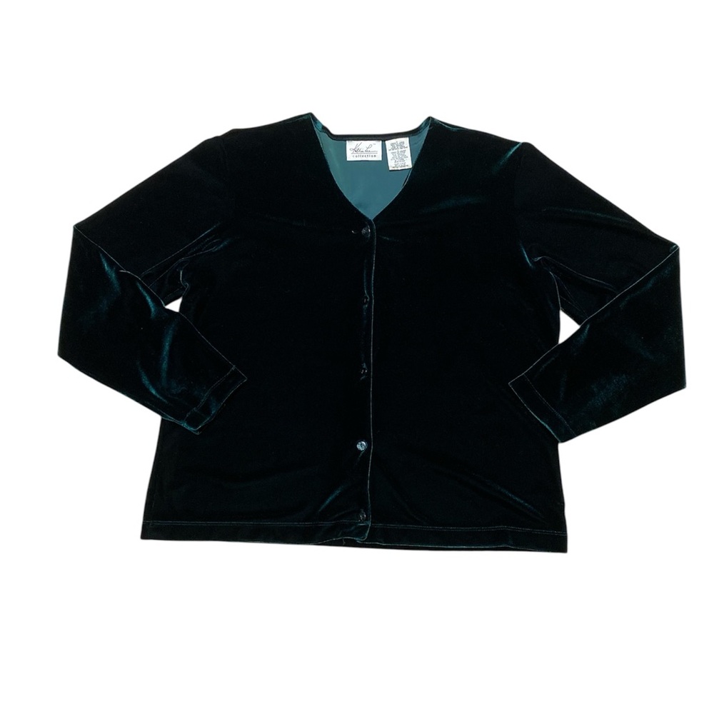 Vintage Kathie Lee Cardigan Sweater Women’s L Green Velvet Button Up Long Sleeve